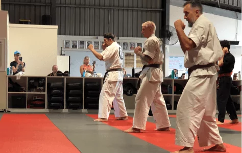 Karate students in gi perform stances with raised fists during dojo training