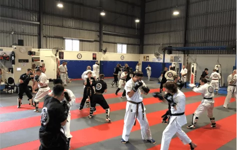 Adult karate students engage in sparring practice during structured dojo class