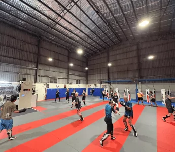 Structured dojo session with students engaged in sparring and skill development